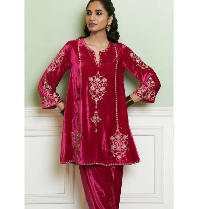 Fuchsia Embroidered Velvet Short Kalidar Kurta Set