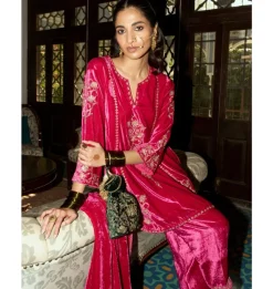 Fuchsia Embroidered Velvet Short Kalidar Kurta Set