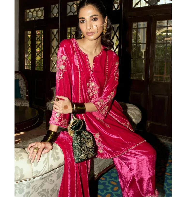 Fuchsia Embroidered Velvet Short Kalidar Kurta Set