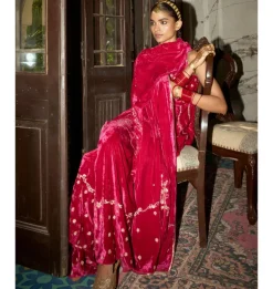 Fuchsia Embroidered Velvet Sharara Set