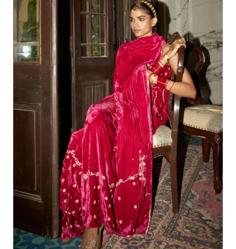Fuchsia Embroidered Velvet Sharara Set