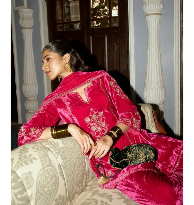 Fuchsia Embroidered Velvet Short Kalidar Kurta Set
