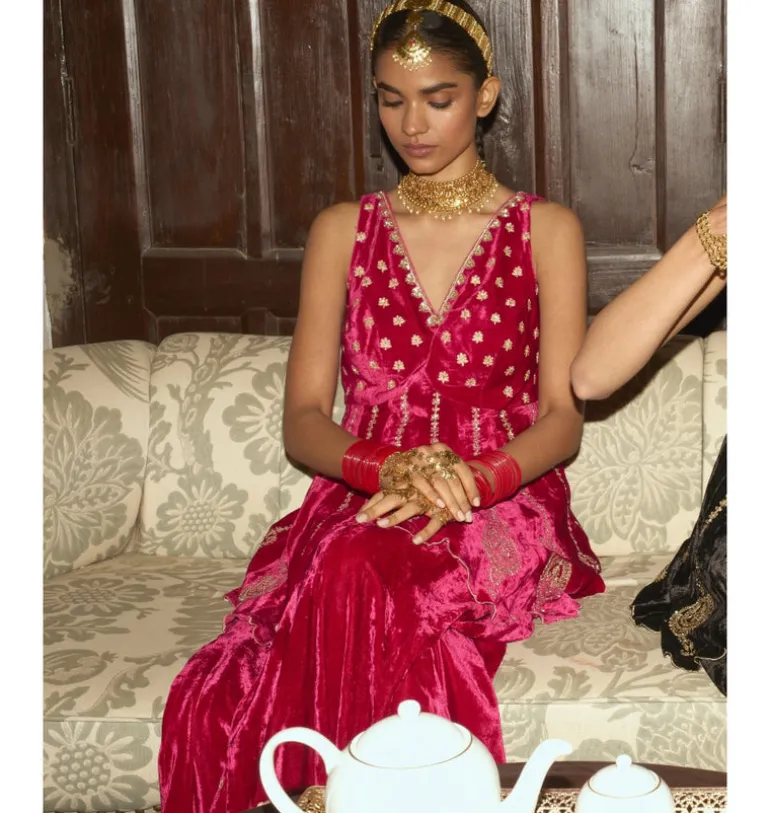 Fuchsia Embroidered Velvet Sharara Set