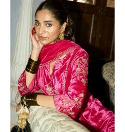 Fuchsia Embroidered Velvet Short Kalidar Kurta Set