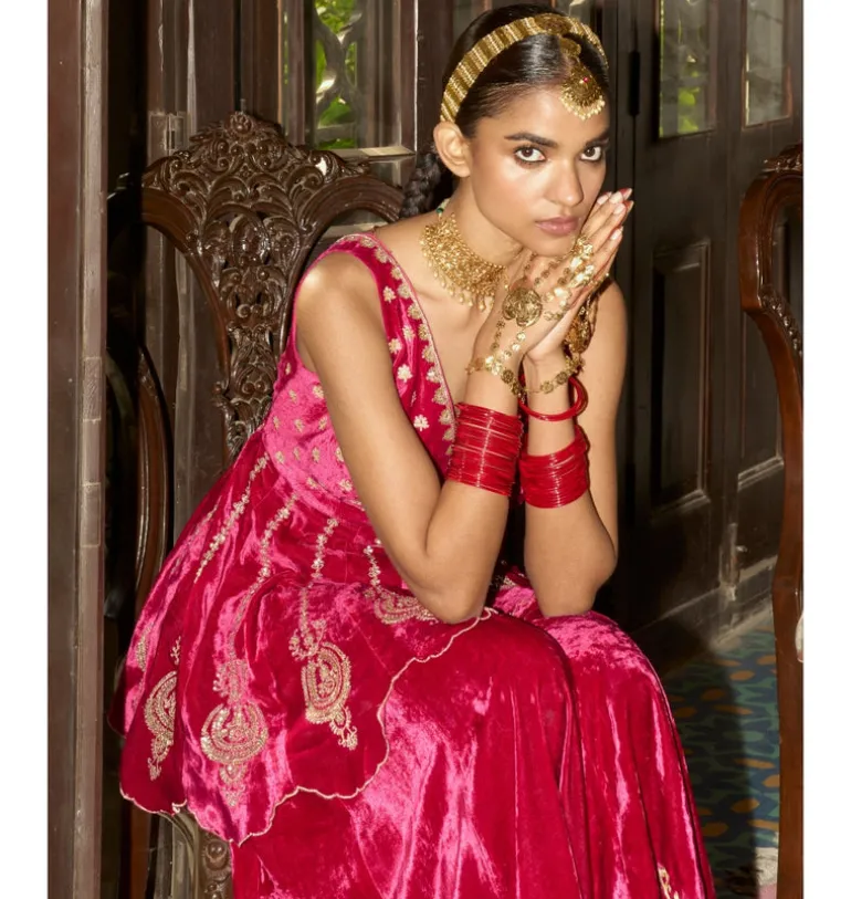 Fuchsia Embroidered Velvet Sharara Set