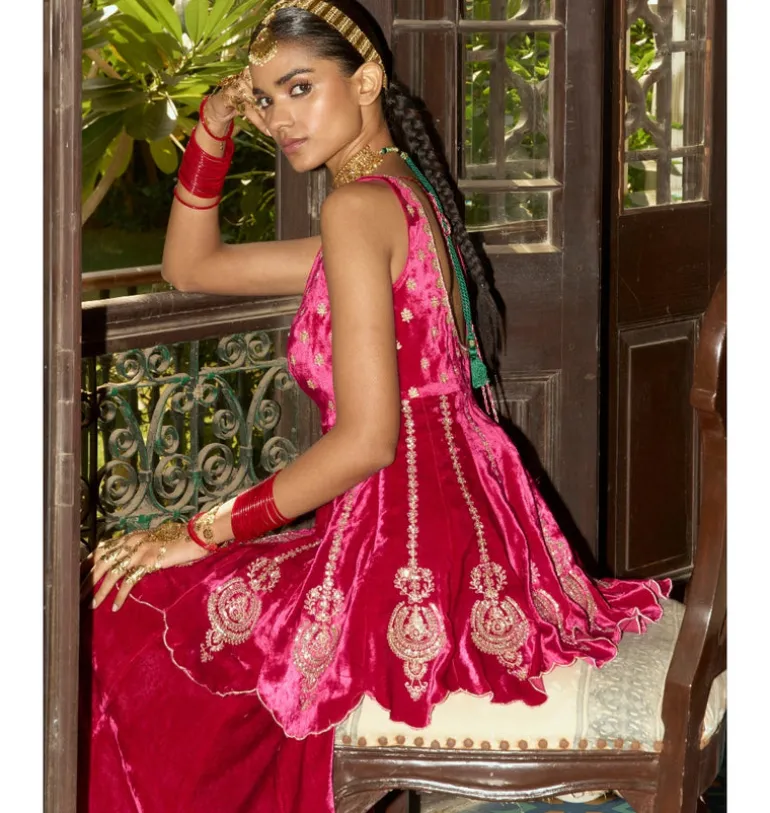Fuchsia Embroidered Velvet Sharara Set