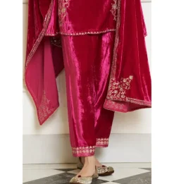 Fuchsia Embroidered Velvet Short Kalidar Kurta Set