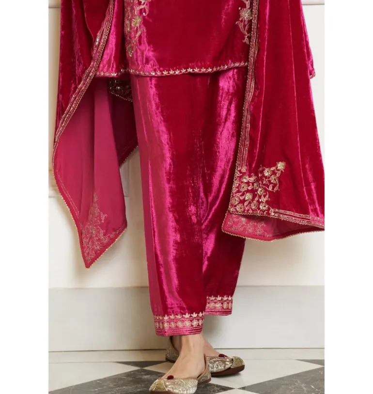 Fuchsia Embroidered Velvet Short Kalidar Kurta Set