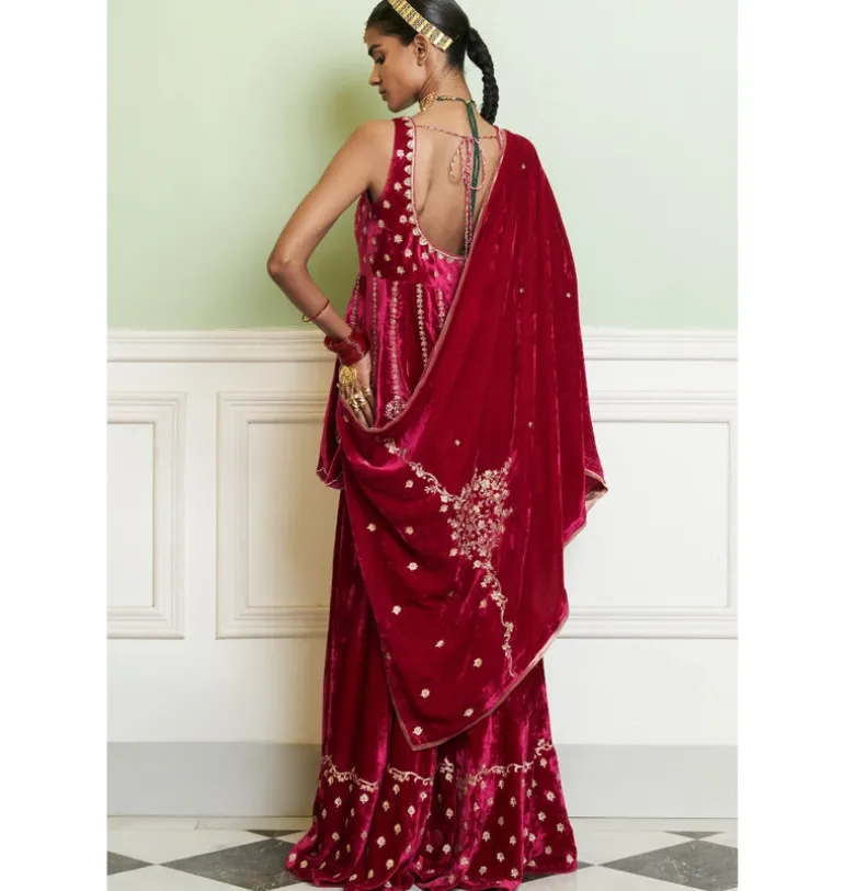 Fuchsia Embroidered Velvet Sharara Set