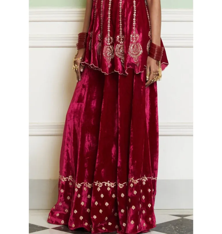Fuchsia Embroidered Velvet Sharara Set