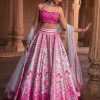 Fuchsia Floral Frame Print and Embroidered Lehenga Set