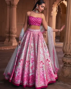 Fuchsia Floral Frame Print and Embroidered Lehenga Set