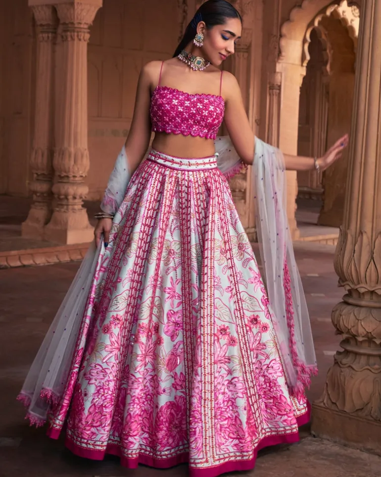 Fuchsia Floral Frame Print and Embroidered Lehenga Set