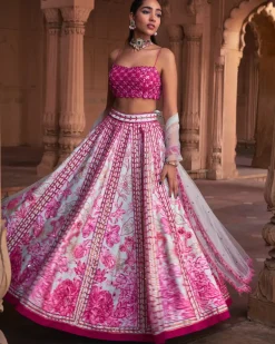 Fuchsia Floral Frame Print and Embroidered Lehenga Set