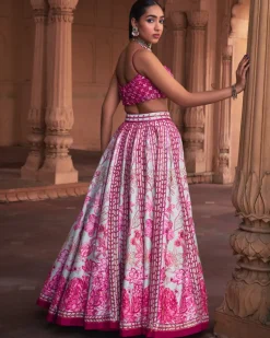 Fuchsia Floral Frame Print and Embroidered Lehenga Set