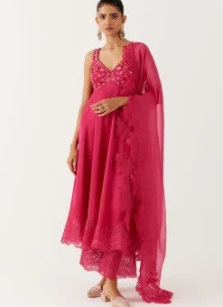 Fuchsia Pink Dori And Sequins Embroidered Anarkali Set
