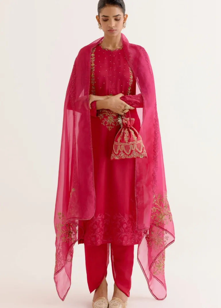 Fuchsia Pink Dori And Sequins Embroidered Kurta And Dhoti Set