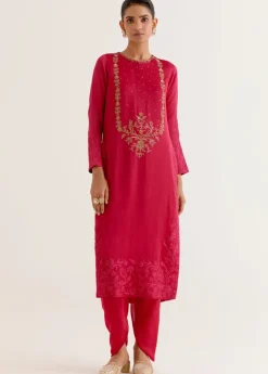 Fuchsia Pink Dori And Sequins Embroidered Kurta And Dhoti Set