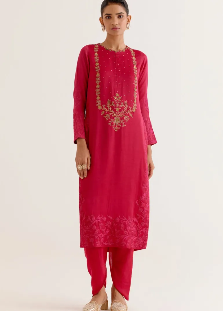 Fuchsia Pink Dori And Sequins Embroidered Kurta And Dhoti Set