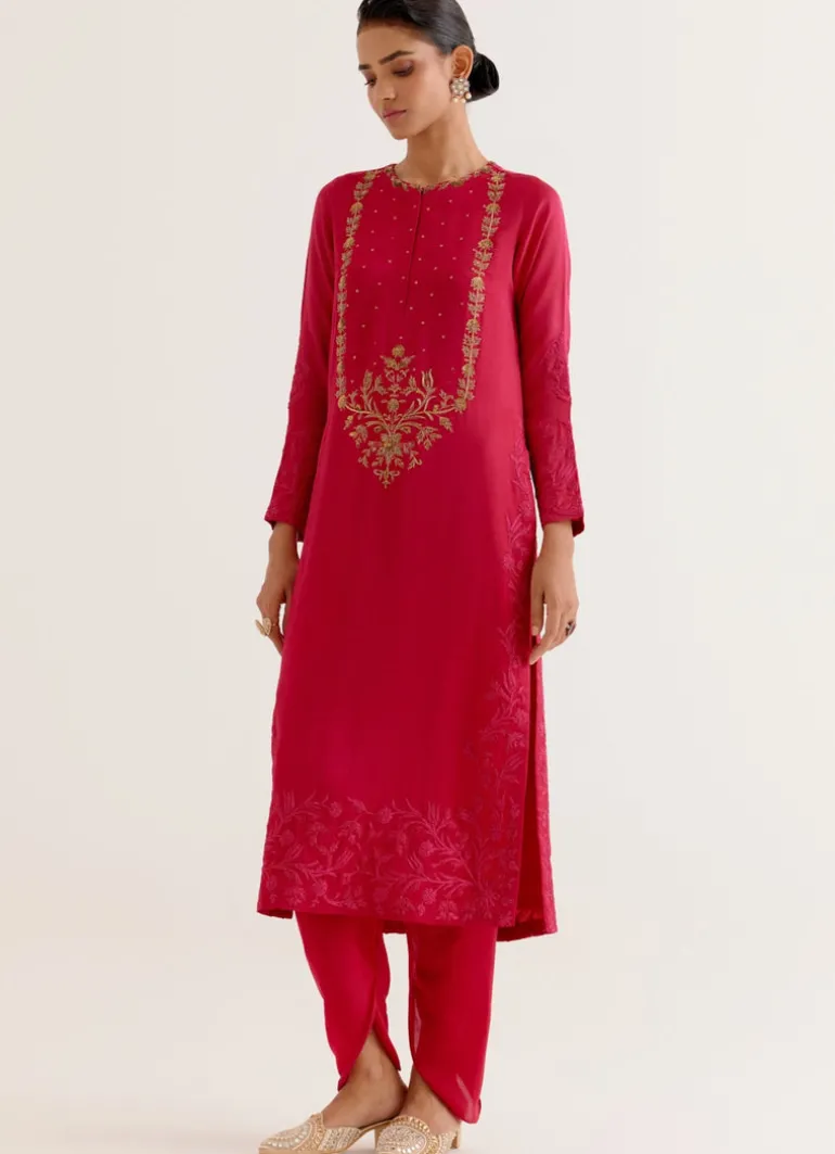 Fuchsia Pink Dori And Sequins Embroidered Kurta And Dhoti Set