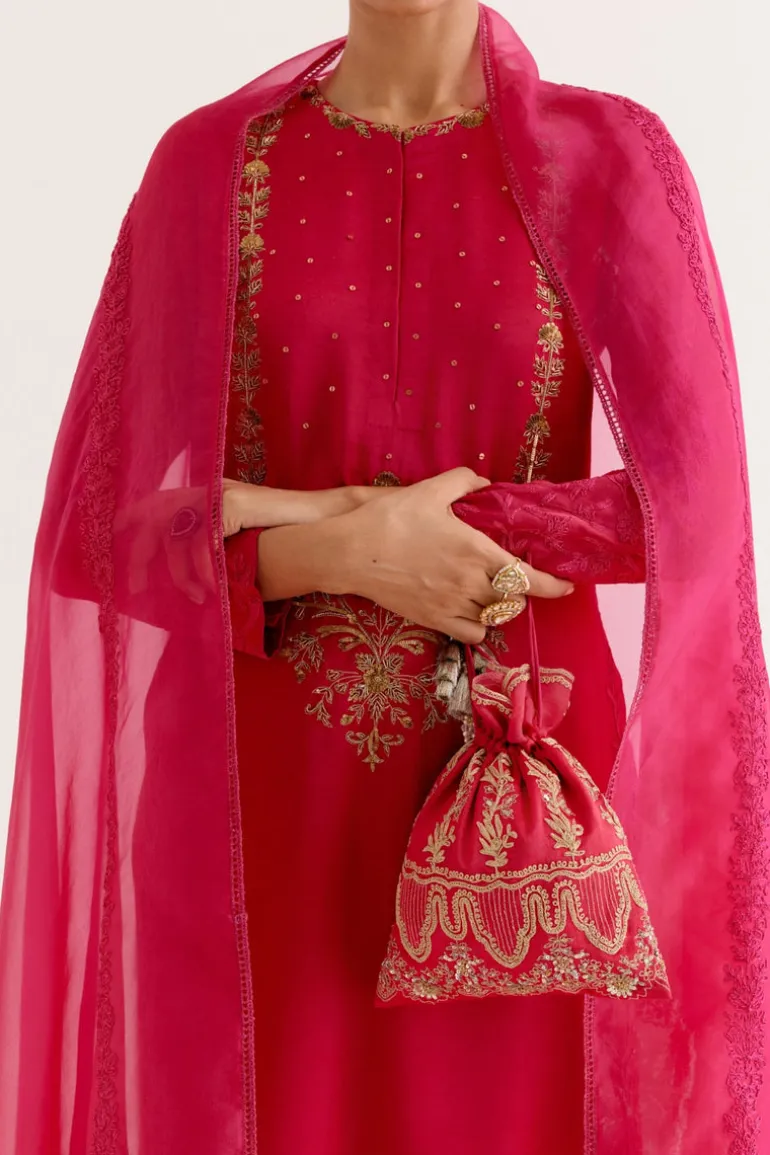 Fuchsia Pink Dori And Sequins Embroidered Kurta And Dhoti Set