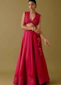 Fuchsia Pink Embroidered Silk Satin Lehenga