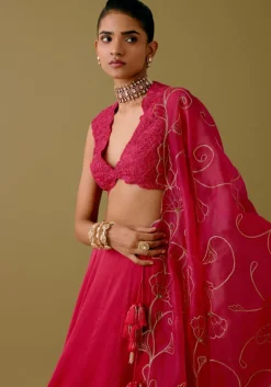 Fuchsia Pink Embroidered Silk Satin Lehenga