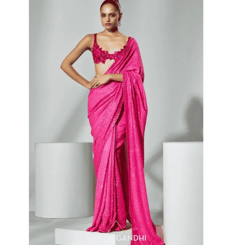 Fuchsia Pink Handloom Organza Sari Set