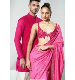 Fuchsia Pink Handloom Organza Sari Set