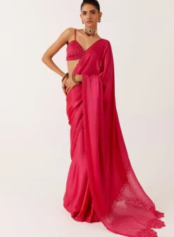 Fuchsia Pink Satin Organza Sari