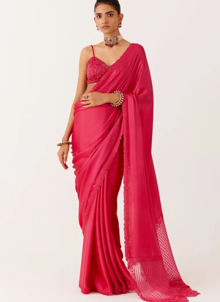 Fuchsia Pink Satin Organza Sari