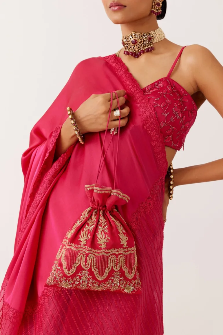 Fuchsia Pink Satin Organza Sari