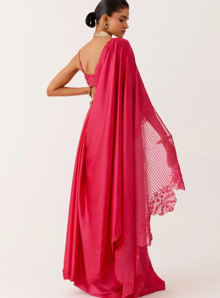 Fuchsia Pink Satin Organza Sari