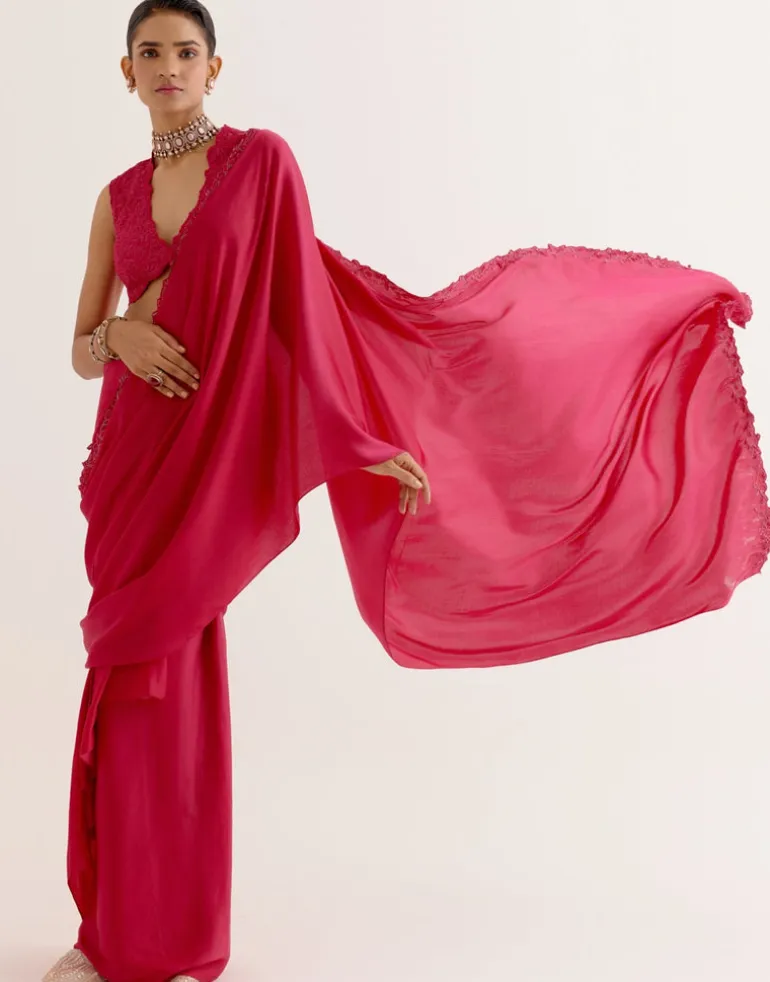 Fuchsia Pink Silk Satin Pre Draped Sari