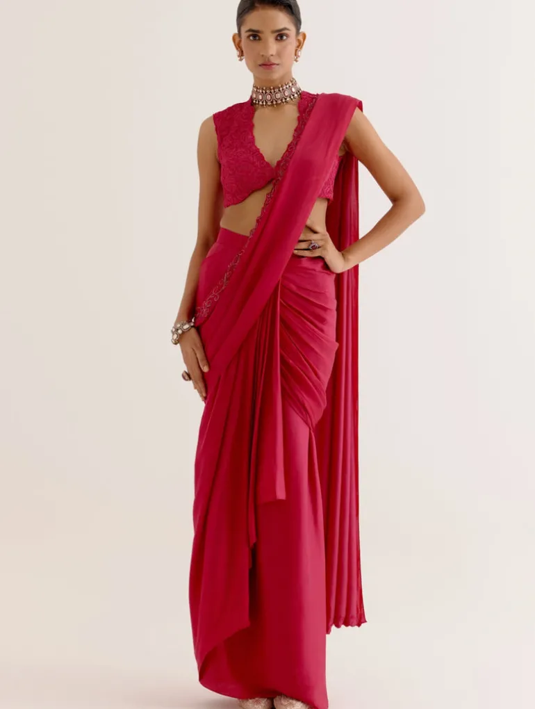Fuchsia Pink Silk Satin Pre Draped Sari