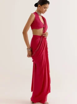 Fuchsia Pink Silk Satin Pre Draped Sari