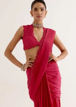 Fuchsia Pink Silk Satin Pre Draped Sari
