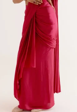 Fuchsia Pink Silk Satin Pre Draped Sari