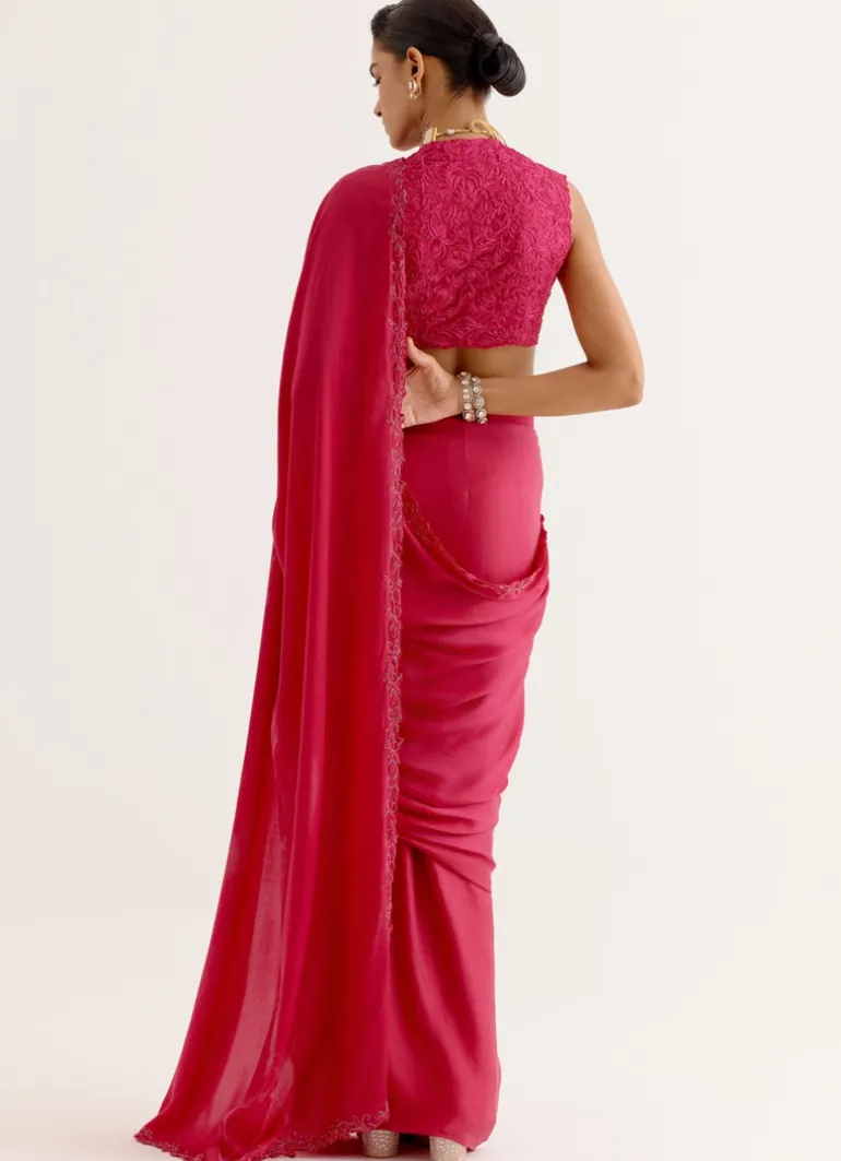 Fuchsia Pink Silk Satin Pre Draped Sari