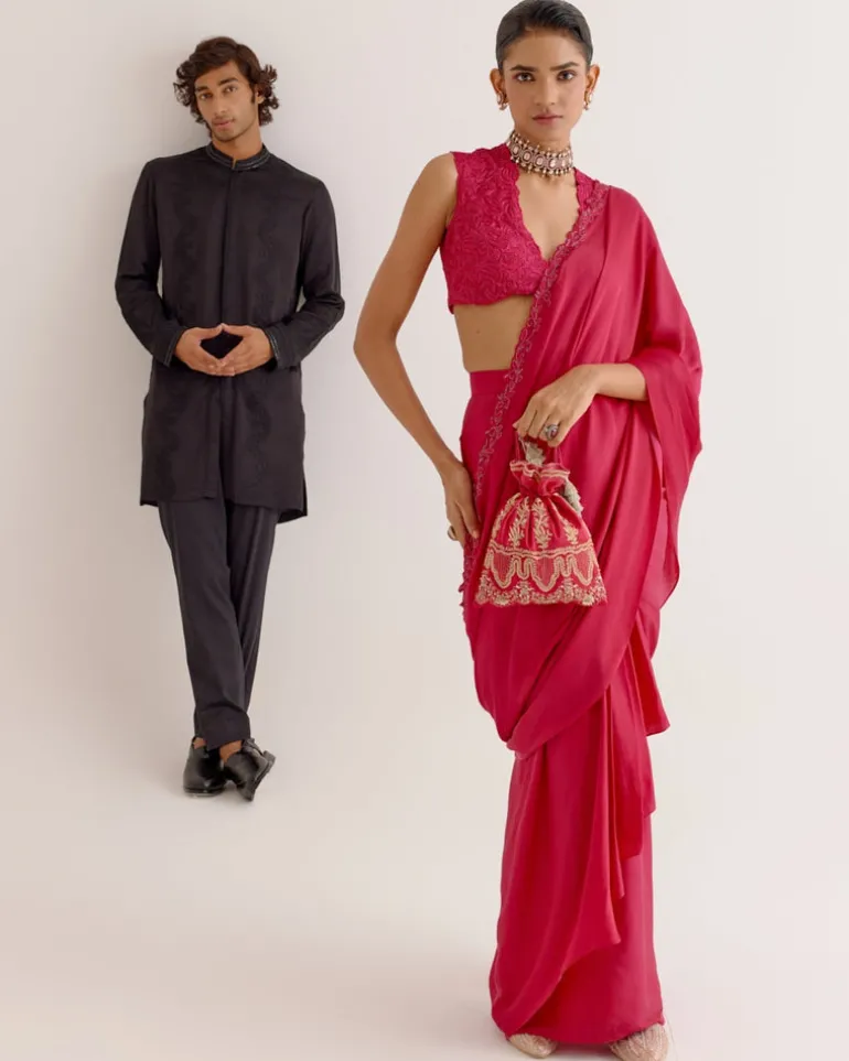 Fuchsia Pink Silk Satin Pre Draped Sari