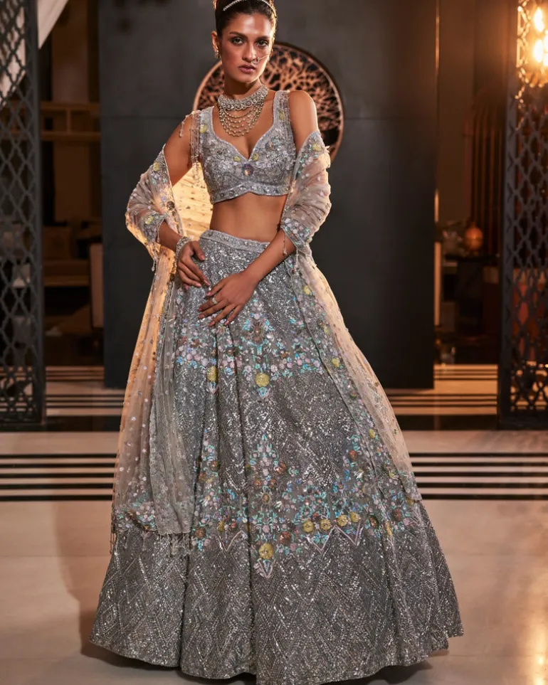 Glory Grey Embroidered Organza Lehenga Set