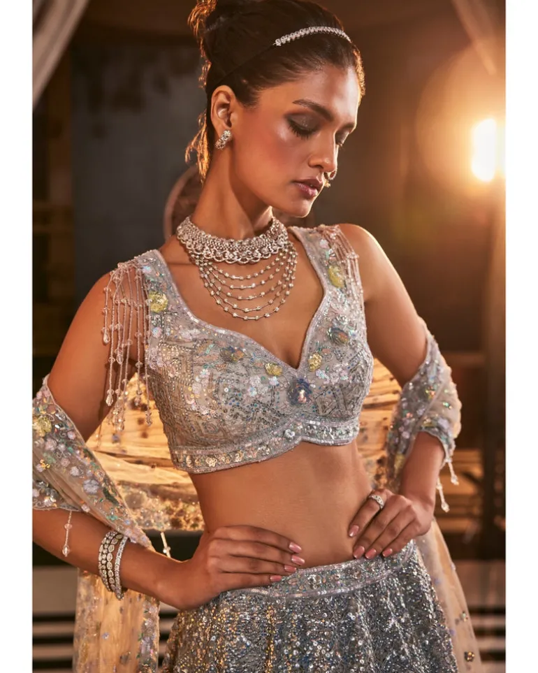 Glory Grey Embroidered Organza Lehenga Set