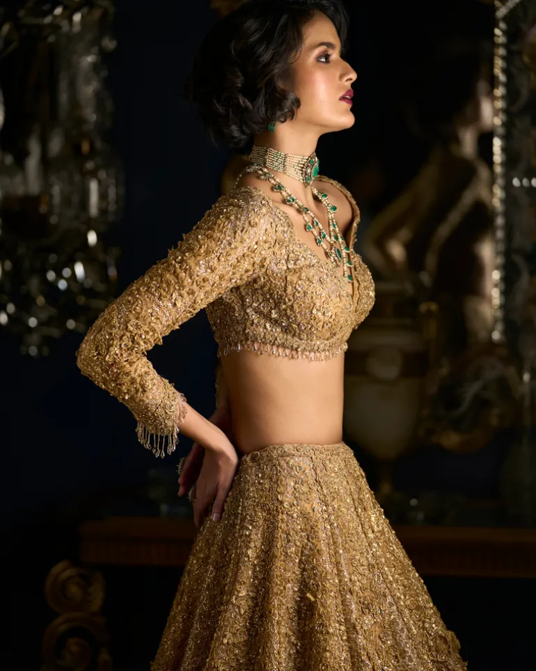 Gold Three-Dimensional Lehenga Set