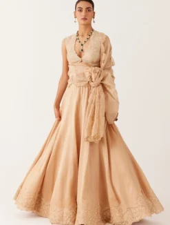 Golden Beige Embroidered Silk Satin Lehenga
