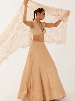 Golden Beige Embroidered Silk Satin Lehenga