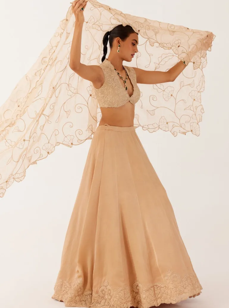 Golden Beige Embroidered Silk Satin Lehenga