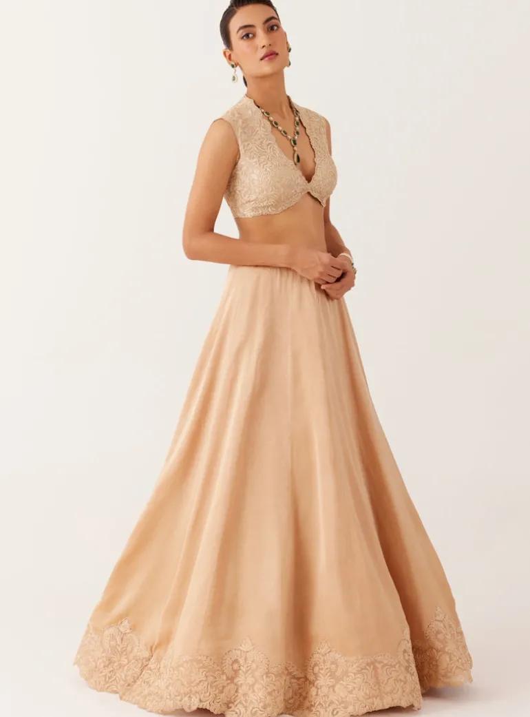 Golden Beige Embroidered Silk Satin Lehenga