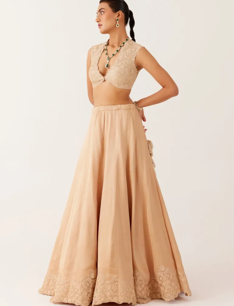Golden Beige Embroidered Silk Satin Lehenga