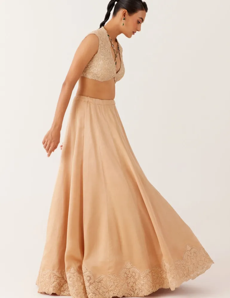 Golden Beige Embroidered Silk Satin Lehenga