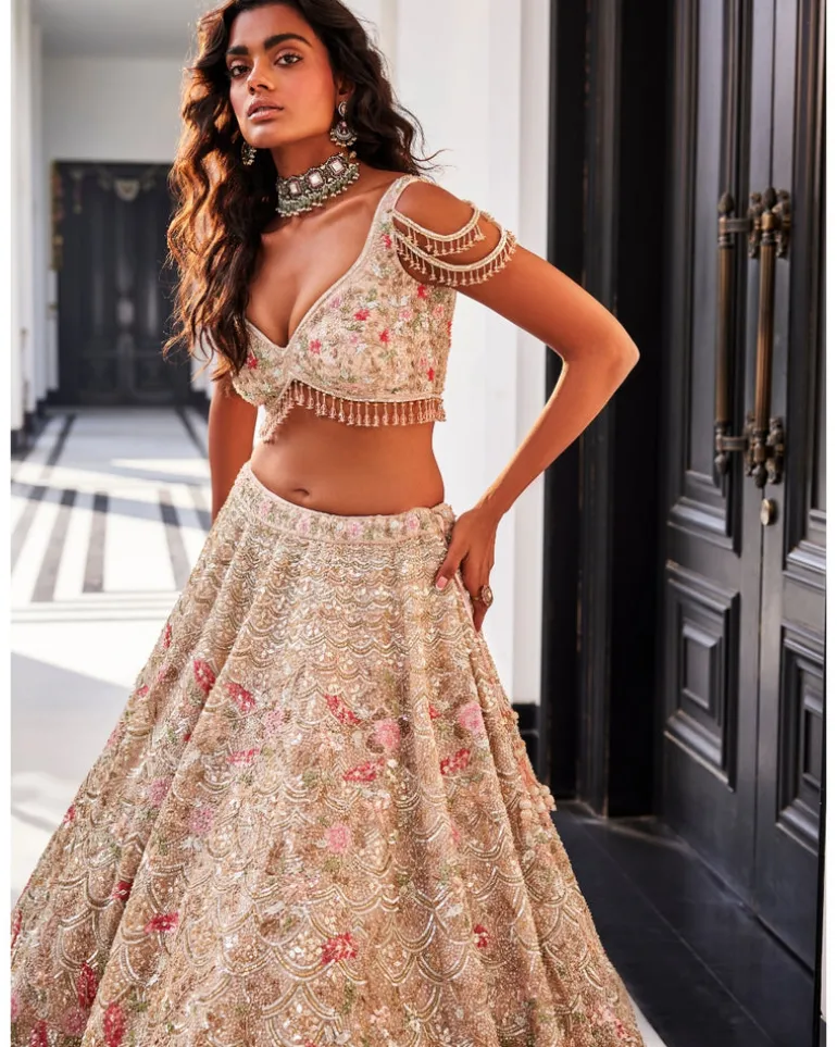 Golden Glitter Ivory Organza Embroidered Lehenga Set